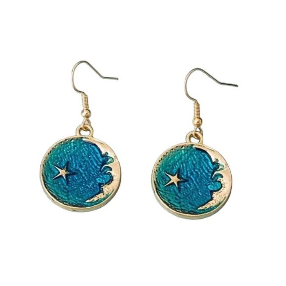 NEW! Lovely Blue & Gold Moon Round Dangle Earrings! Outerspace - Stars - Fun!